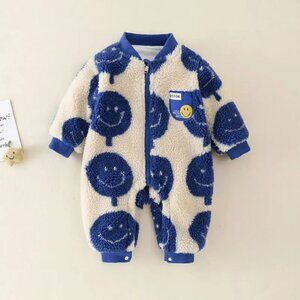 NWT Blue Smiley Happy Face Sherpa Fleece Lined Zip Snowsuit Romper 90/18-24 mos